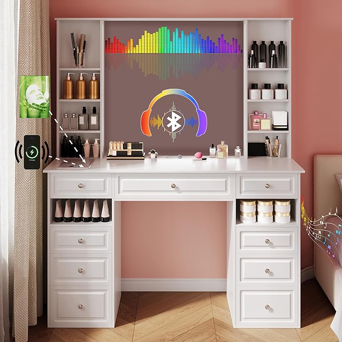 Vanity Desk with Mirror and Lights, Makeup Vanity Desk with Facial Mask Box, Dressing Table with Bluetooth Speaker, Makeup Vanity Set with Wireless Charger, 9 Drawers and 10 Shelves (47" W, White-A)