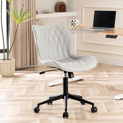 YOUNUOKE Armless Desk Chair Comfy Office Chair with Wheels Home Ergonomic Task Chair Adjustable Computer Chairs Modern Faux Leather Swivel Chair Upholstered Makeup Vanity Chair with Back(Gray)