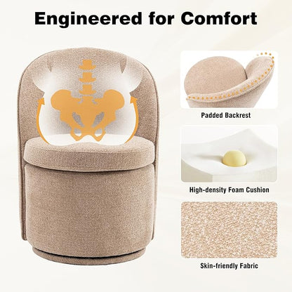 YOUNIKE Vanity Bench Boucle Fabric Coffee Solid Wood Swivel Accent Chair with Backrest Easy Assembly Dressing Stool for Bedroom & Makeup Room