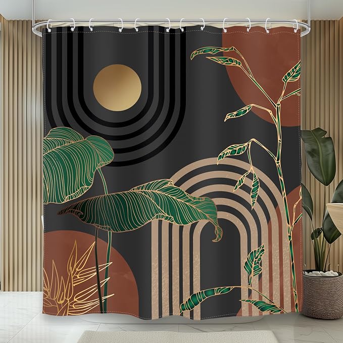 Glawry Dark Abstract Extra Long Shower Curtain Boho Mid Century Retro Tropical Palm Tree Sun Brown Modern Bathroom Simple Geometric 72Wx84L Inches Bath Accessories Art Home Decor Fabric 12 Pack Hooks