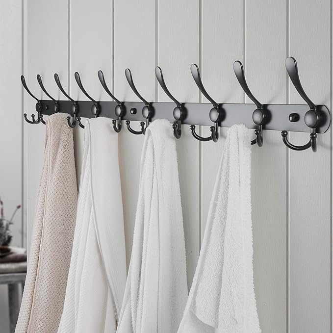 Dseap Coat Rack Wall Mount - 38” Long 10-Tri-Hooks Heavy Duty Coat Hanger Rail Wall Hooks for Hanging Coats Hats Clothing Clothes Purse Mudroom Entryway, Black