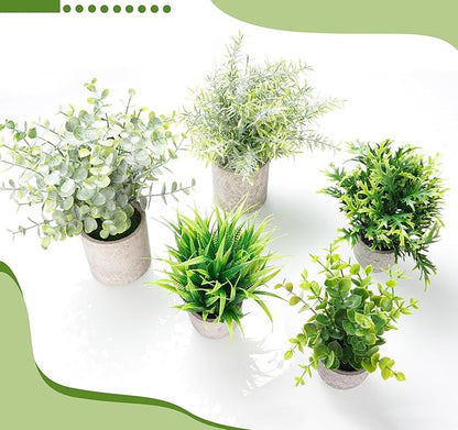 Fake Plants,5Pack Mini Potted Artificial Plant Small Faux Plant Indoor Outdoor for Home Decor,Eucalyptus Greenery Plastic Fake Green Grass Plants for Office Bathroom Shelf Farmhouse Coffee Table Decor