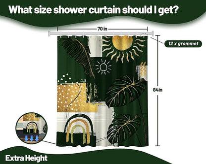 Green and Gold Mid Century Modern Shower Curtain Bohemian Abstract Shower Curtains for Bathroom Decor Sets, Waterproof Cloth Fabric with Hooks, 72x84 Inch