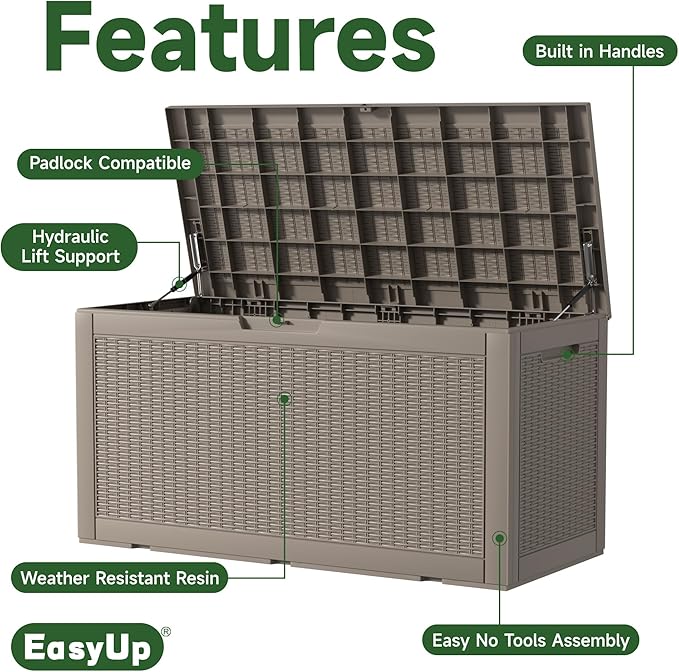 100 Gallon Outdoor Storage Box Waterproof, UV Resistant Resin Deck Box with Hydraulic Rod, Reinforced Stability for Patio, Garden, Rattan Gray
