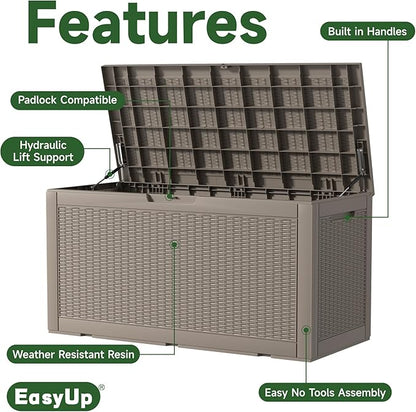 100 Gallon Outdoor Storage Box Waterproof, UV Resistant Resin Deck Box with Hydraulic Rod, Reinforced Stability for Patio, Garden, Rattan Gray