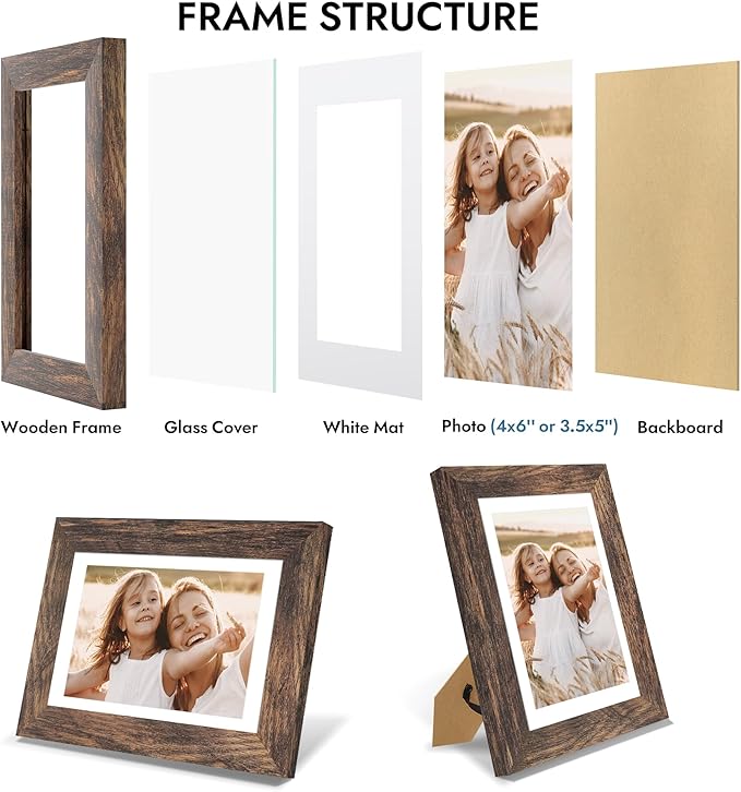 4x6 Picture Frame with Glass, Display Pictures 3.5x5 with Mat or 4 x 6 without Mat - Wall and Tabletop, 4 by 6 Photo Wooden Frames (Rustic Brown, 1 Pack)