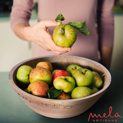Mela Artisans Wooden Fruit Bowl | Medium Burnt Finish | Large 12” Mango Wood Serving Bowl | Multipurpose for Kitchen Countertop | Salad| Fruit| Snacks| Breads & More | Natural Grain Texture