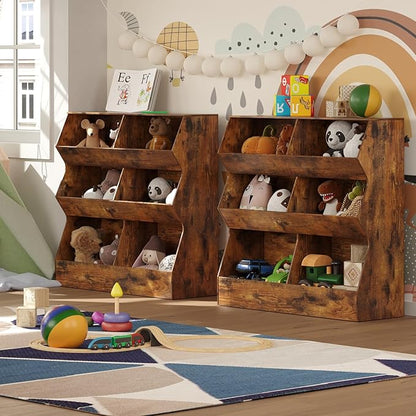 DINZI LVJ Toy Storage Organizer, Kids Bookshelf, Wooden Toy Storage Cabinet, 6 Cubby Children Bookcase, 35.4" L Toddler Book Shelf for Playroom, Living Room, Nursery, Hallway, School, Rustic Brown