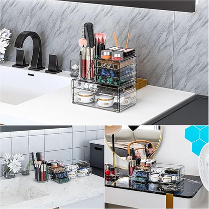 Clear Acrylic Makeup Organizers for Vanity,Countertop,3 Pack Make up Drawer Organizer With Makeup Brush Holder,Plastic Skincare Organizers for Hair Accessories,Beauty,Hair Products,Bathroom,Dresser