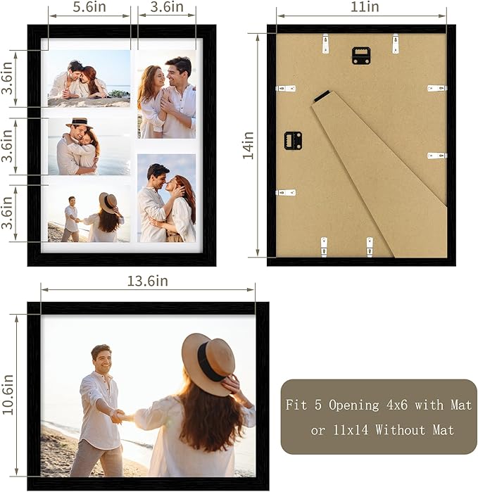 Solid Oak Wood Frame - 11x14 Black Wooden Picture Frames with Real Tempered Glass,5 Opening 4x6 with Mat or 11x14 Without Mat for Wall Decor Art Photo(Color Black)