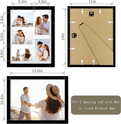 Solid Oak Wood Frame - 11x14 Black Wooden Picture Frames with Real Tempered Glass,5 Opening 4x6 with Mat or 11x14 Without Mat for Wall Decor Art Photo(Color Black)