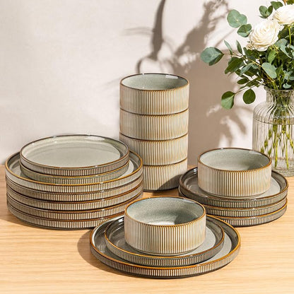 GBHOME 18-Piece Stoneware Dinnerware Set for 6 – Ribbed Ceramic Plates and Bowls, Scratch-Resistant, Microwave & Dishwasher Safe, Reactive Glaze, Reactive Glaze Green Wheat