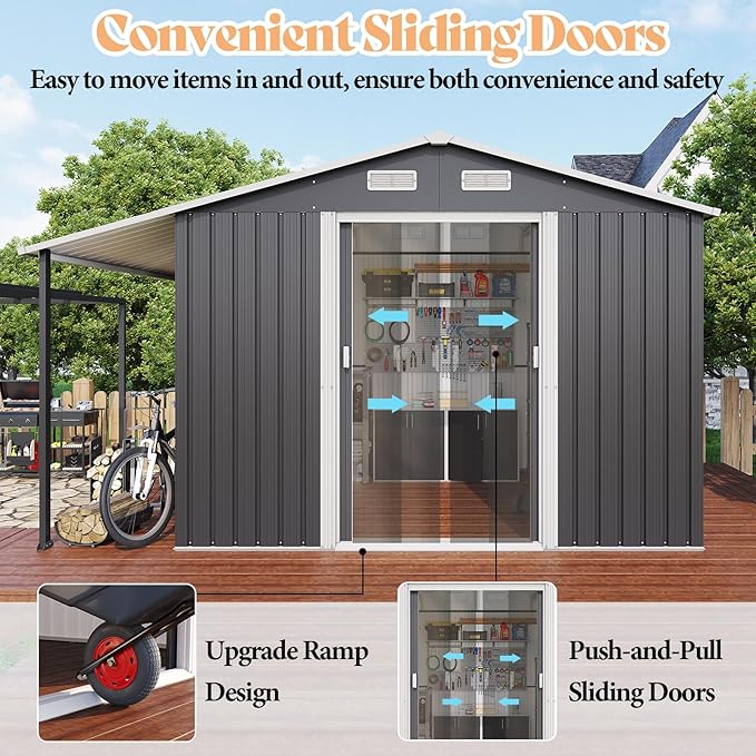 AMERLIFE 10.6x10.3x6.3 FT Galvanized Metal Storage Shed with Open Firewood Bay, Sliding Doors & Ramp, 2 Windows & Vents, Weather-Resistant Outdoor Tool/Garden Shed, Dark Gray