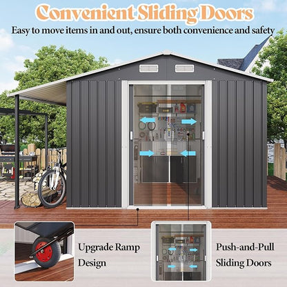 AMERLIFE 10.6x10.3x6.3 FT Galvanized Metal Storage Shed with Open Firewood Bay, Sliding Doors & Ramp, 2 Windows & Vents, Weather-Resistant Outdoor Tool/Garden Shed, Dark Gray