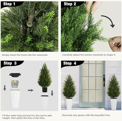 4FT Tall 2 Set Artificial Topiary Cedar Tree, Indoor Realistic Faux Cypress Plants with Square Flowerpot, Outdoor Evergreen Fake Shrubs for Home Living Room Front Porch Decor