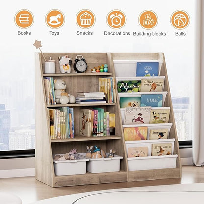 Kids Bookshelf Wood Toy Storage Organizer Cabinet Children Bookcase Toddler Baby Sling Book Rack Adjustable Shelf for Playroom Bedroom Nursery Hallway School Kindergarten