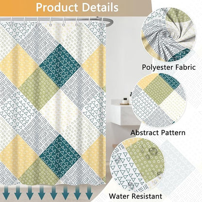 Boho Green and Yellow Shower Curtain, Modern Chic Abstract Geometric Striped Pattern Bathroom Curtains, Minimalist Hotel Style Polyester Shower Curtain, Waterproof Fabric with Hooks, 72" W x 72" L