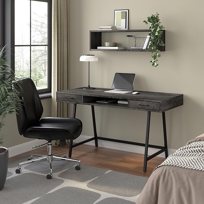 Bush Furniture Steele 54W Writing Desk with Storage in Dark Gray Hickory | Large Wooden Computer Table for Home Office Workspace
