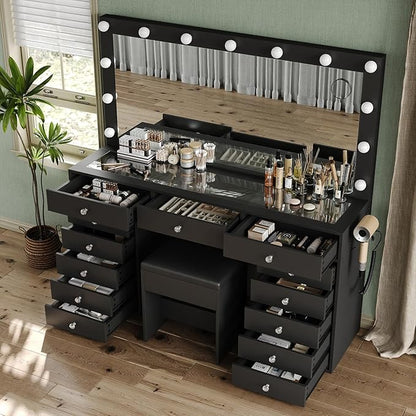 55'' Vanity Desk, Makeup Vanity with Charging Station, 13 Drawers with Lighted Mirror, 3 Lighting Modes, Brightness Adjustable, Glass Top, Vanity Table with Chair for Bedroom, Black