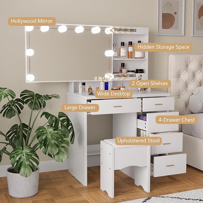 Vanity Desk with Mirror and Lights, Modern Makeup Vanity with Sliding Mirror and 10 LED Light Bulbs, Makeup Vanity Set with 5 Drawers, Hidden and Open Storage Shelves, Vanity Table for Bedroom, White