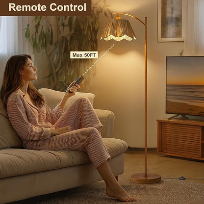 Oneach Boho Floor Lamp for Living Room with Remote & Dimmable Bulb, Farmhouse Floor Lamps with 3 Color Temperatures, Rattan Floor Lamp for Bedroom, Walnut