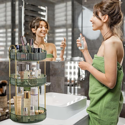360° Rotating Makeup Organizer, Large-Capacity Skincare Make Up Storage 3 Tier Perfume Organizers Cosmetic Dresser Organizer with Makeup Brush Holder, Fits Bedroom, Bathroom, Vanity Shelf Countertop