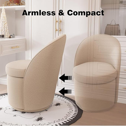 YOUNIKE Vanity Bench Boucle Fabric Coffee Solid Wood Swivel Accent Chair with Backrest Easy Assembly Dressing Stool for Bedroom & Makeup Room