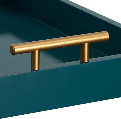 Kate and Laurel Lipton Mid Century Modern Decorative Wood Tray with Brushed Gold Metal Handles, Dark Teal