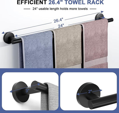 Matte Black Towel Bar, 24 Inch Towel Racks for Bathroom Wall Mounted, SUS304 Stainless Steel Bathroom Towel Holder, Total Length 26.4 Inch Towel Bars