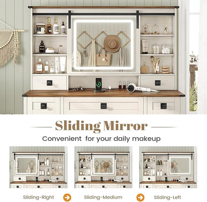 AOGLLATI Farmhouse Makeup Vanity Desk with Lights & Charging Station,Vanity Desk with Mirror and Lights, 47.2” Large Brown Vanity Table with Ample Storage Space and Sliding Mirror (Antique White)