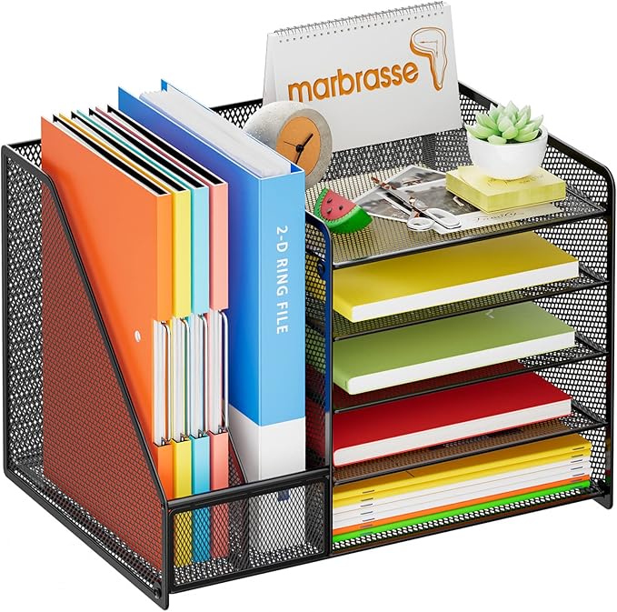 Marbrasse Desk Organizer with File Holder, 5-Tier Paper Letter Tray Organizer, Mesh Desk Organizers and Accessories with Magazine Holder, Desktop Storage for Office Supplies (Black)
