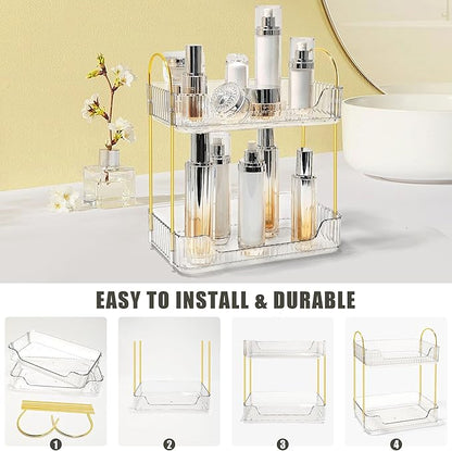 Bathroom Counter Organizer Countertop Storage Skincare Countertop Makeup Organizer Cosmetics Skincare Organizers Holder for Perfume-Clear-golden pole