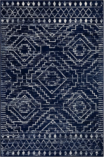 Wonnitar Moroccan Washable 6x9 Rug, Blue Large Living Room Area Rug, Non-Slip Boho Soft Rug for Bedroom, Non-Shedding Ultra-Thin Geometric Carpet for Dining Room Kitchen Basement (Blue,6'x9')