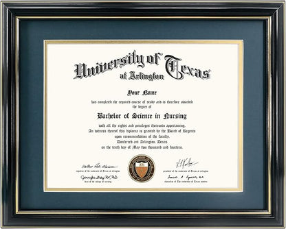 GraduationMall 8.5x11 Diploma Frame with Navy over Gold Mat or Display 11x14 Certificate without Mat,Solid Wood & UV Protection Acrylic,Glossy Black Finish with Gold Trim