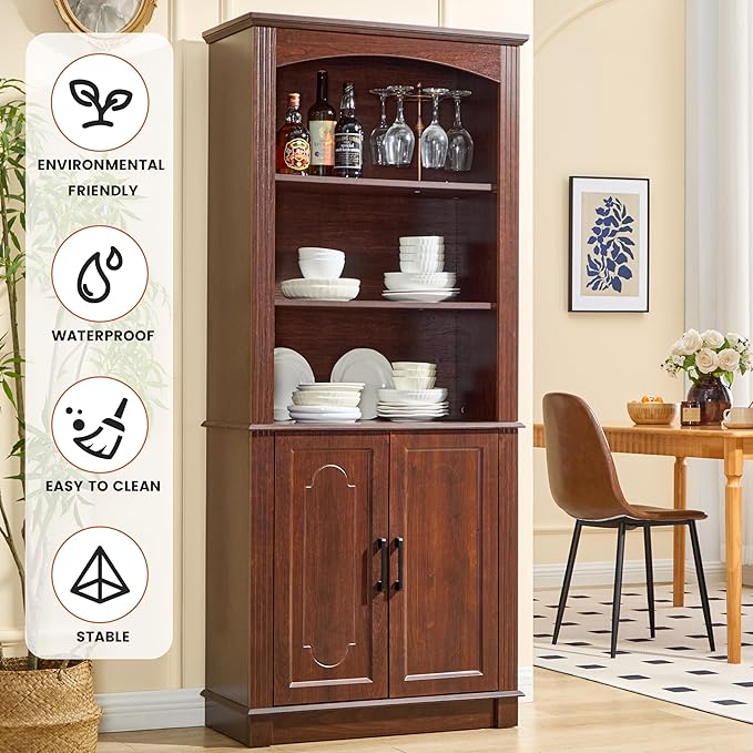 5 Tier Book Shelf and Bookshelf with Storage Cabinet Doors, 72 Inch Tall Bookcase, Wooden Cube Storage Organizer, Kids Bookshelf, Display Cabinet for Bedroom Furniture, Living Room, Pantry Cherry
