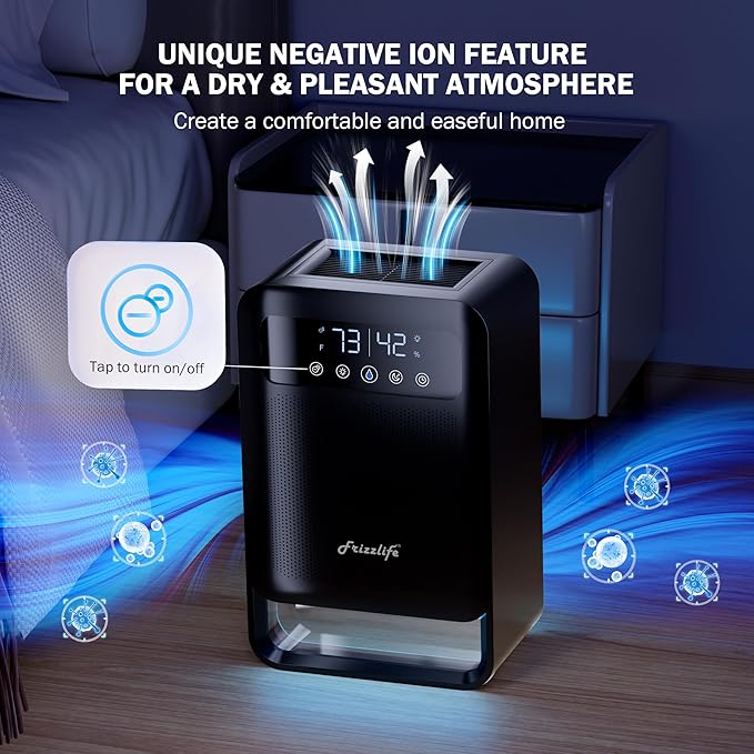 Frizzlife Air Dehumidifier, 135oz Water Tank W/Purifying Function, Quiet Small