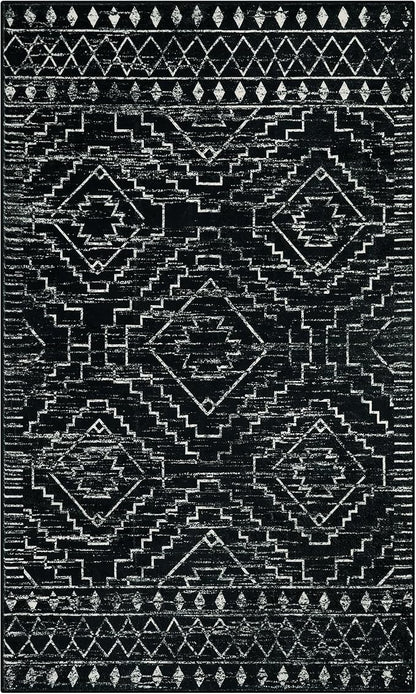 Wonnitar Moroccan 3x5 Rug, Black Washable Small Rug for Bedroom, Non-Slip Geometric Tribal Entry Throw Mat, Boho Farmhouse Rustic Soft Low Pile Area Rug for Bathroom Dining Guest Room (Black,3'x5')