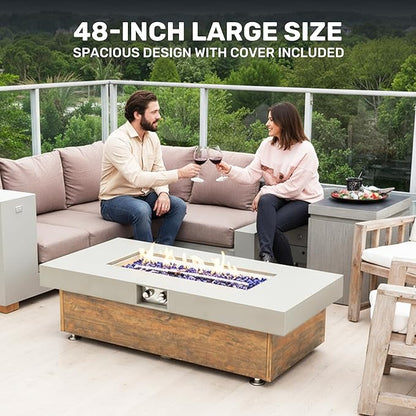 SHINETUNE Outdoor Propane Fire Pit – 48" Fire Table with 50,000 BTU, Modern Propane Fire Pit with Adjustable Flame & Matching 20 lb Tank Stand for Patio, Garden, Deck