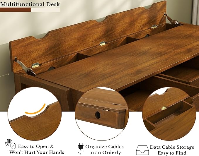 HNY 59 Inches Walnut Wooden Writing Desk with 3 Drawers, Computer Study Table with MDF Top, Solid Rubberwood Legs and Hidden Cable Management Holes, Corner Makeup Vanity Desk for Home Office, Bedroom
