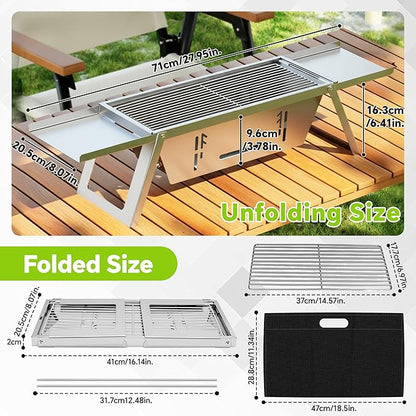 Foldable Small Charcoal Grill, Portable Stainless Steel Charcoal Grill, Tabletop Yakitori Grill for Outdoor Cooking, Travel Camping, BBQ, Tailgating, Picnics, High-Temp Resistant for 2-3 People