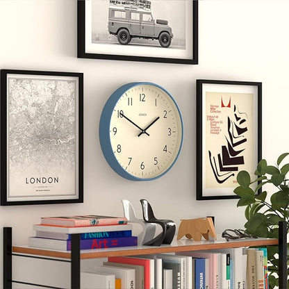 JONES CLOCKS® Studio wall Clock | Modern Round Style | 12 inch | Mid Blue | Easy to Read Numbers | Versatile Design for Kitchen, Living Room or Office