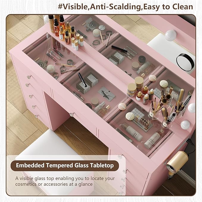 11 Drawers Vanity Desk with Power Outlet, Makeup Vanity with Mirror and 12 LED Lights, 3 Lighting Modes, Glass Top, Dressing Table for Bedroom, Pink