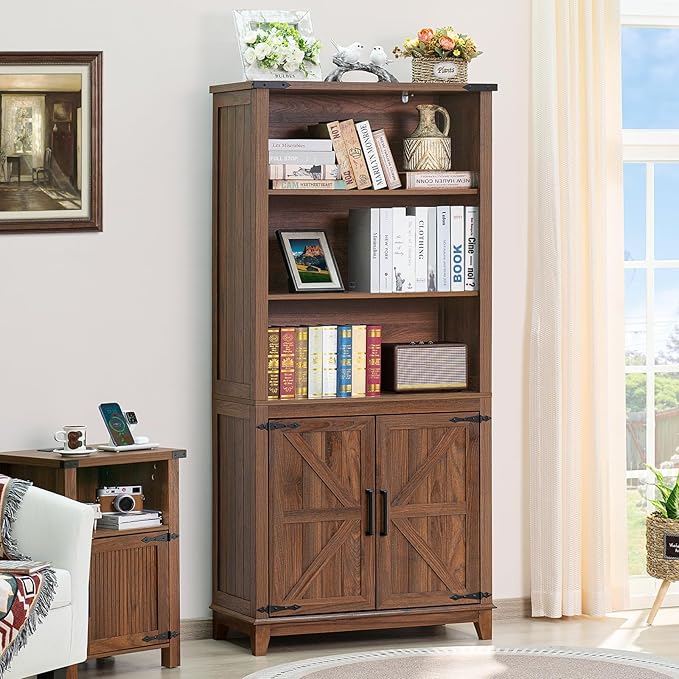 70in Tall Bookshelf 5 Tier Bookcase with Barn Doors and Adjustable Shelves, Brown Farmhouse Book Shelf with Storage Cabinet, Wood Freestanding Display Bookshelves for Bedroom, Kitchen (3PCS)
