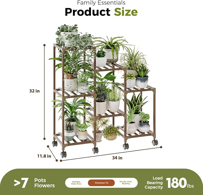 Bamworld Plant Stand with Wheels for Indoor Plants Wood Outdoor Tiered Shelf 3 Tire 7 Potted Ladder Plant Holder Table Pot Stand for Window Garden Balcony Patio Living Room (natureDL)