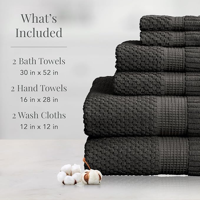 NY Loft 100% Cotton Towel Set 6 Piece | Super Soft & Absorbent Quick-Dry 2 Bath Towels 2 Hand Towels and 2 Washcloths |Textured and Durable Cotton | Trinity Collection (6 Piece Set, Dark Grey)