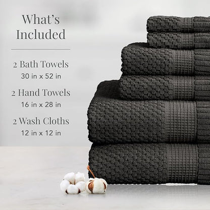NY Loft 100% Cotton Towel Set 6 Piece | Super Soft & Absorbent Quick-Dry 2 Bath Towels 2 Hand Towels and 2 Washcloths |Textured and Durable Cotton | Trinity Collection (6 Piece Set, Dark Grey)