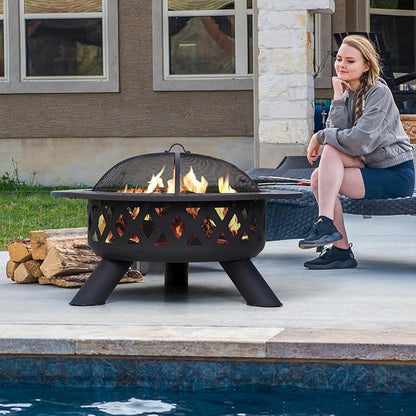 SUNCREAT 42" Large Outside Fire Pit, Round Fire Pit Wood Burning with Widened Tabletop, Spark Screen, Fire Poker, Phombus Pattern