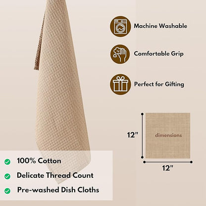 Native Fab 18 Pack Waffle Dish Cloths - 100% Cotton, 12" x 12", Absorbent, Quick Drying, Washable Towels for Cleaning, Cooking, Baking - Great for Home, Restaurants, Bars, Versatile Use - Beige