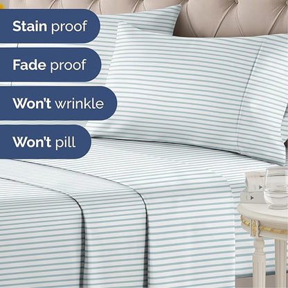 Striped Sheets - Blue & White Striped Sheets - 1 Flat & 1 Fitted & 2 Pillowcases w/ Deep Pockets – Comfy, Wrinkle & Fade Free - Soft, Breathable & Cooling - Luxury Pinstripe Bedding - Full Size Set