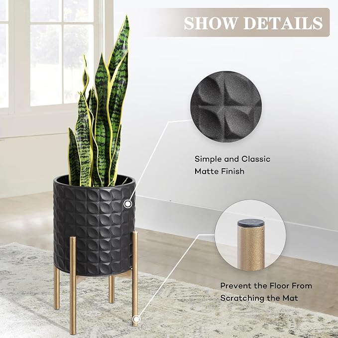 Oakrain Planters for Indoor Plants, Set of 2 Decorative Metal Planter Pots, Mid Century Modern Planter with Stand for Living Room, Office, Garden or Balcony, Textured Black, 8"&10"